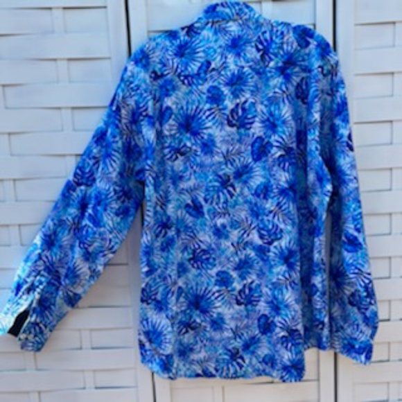 BUGATCHI CLASSIC FIT BUTTON FLIP CUFF BLUE PALM LEAVES SHIRT LARGE - Picture 16 of 16